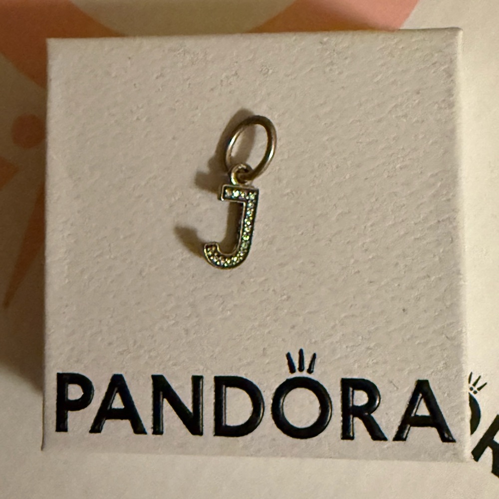 Pandora Retired Sterling Silver Letter “J” Dangle Charm with Clear Zirconia